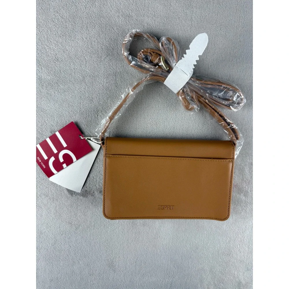 Esprit Women Tan Brown Vegan Leather Crossbody Bag Gold‎ Turn Lock New